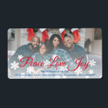 Julfreden Kärlek Joy Red Script Ditt foto Fraktsedel<br><div class="desc">Skicka över Peace Kärlek och Joy till jul med ett familjefoto och namn-återvändandeadressetikett. Använda ditt eget speciella foto och din familj namn eller lägg till din egen text. Lägg till din egen returadress. Modern PEACE KÄRLEK JOY i helgdag-röd skripttypografi med vit snöflingbakgrund med familjefoto eller personlig och personlig-familj namn. Skicka...</div>