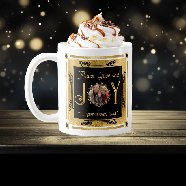 Julfreden Kärlek och Joy Family Photo Kaffemugg (Christmas Peace, Love and Joy Family Photo Coffee Mug -- Black and Faux Gold)