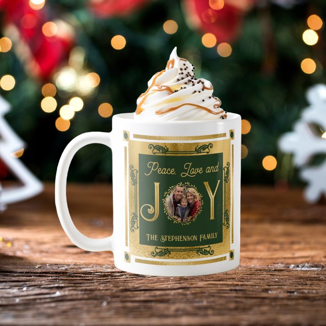 Julfreden Kärlek och Joy Family Photo Kaffemugg (Christmas Peace, Love and Joy Family Photo Coffee Mug - Dark Green and Faux Gold)