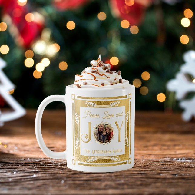 Julfreden Kärlek och Joy Family Photo Kaffemugg (Christmas Peace, Love and Joy Family Photo Holiday Coffee Mug -- White and Faux Gold)
