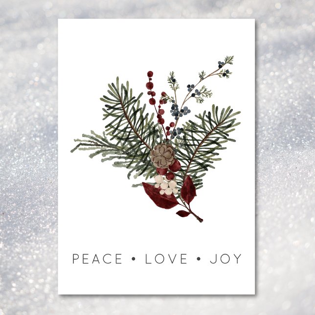 Julfreden Kärlek Rustic Minimal Holly Gräs Julkort (Christmas Peace Love Rustic Minimal Holly Pine Holiday Card)