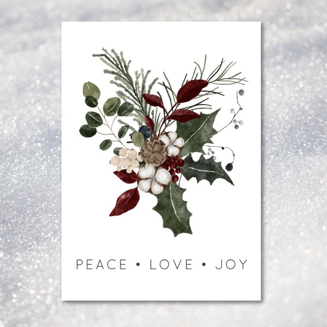 Julfreden Kärlek Rustic Minimal Holly Greenery Julkort (Christmas Peace Love Rustic Minimal Holly Greenery Holiday Card)