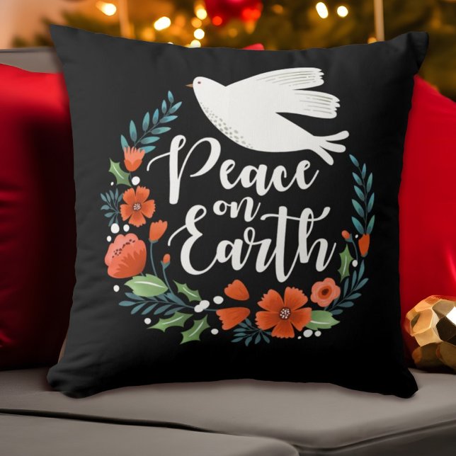 Julfreden på jorden kudde (An elegant Christma s pillow featuring the words, peace on earth, and a dove)