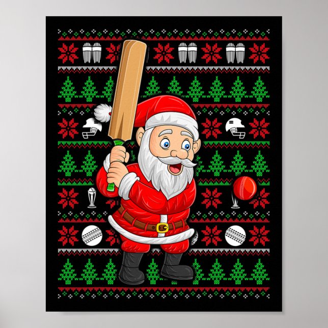 Julful Ugly Sweater Stil Julgubbe Spelar Cricket J Poster (Framsidan)