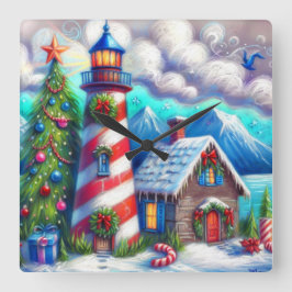 Julfyren Nautical Coastal Mountain Fyrkantig Klocka