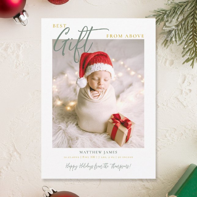 Julgåskalligrafi Modern Grönt Baby Foto Meddelande (best gift from above baby christmas card minimalist simple photo calligraphy elegant green gold)