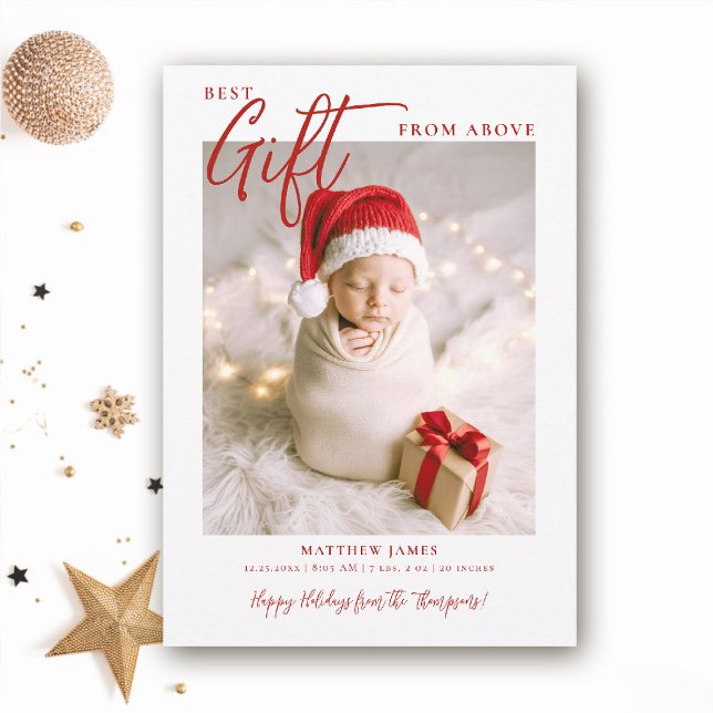 Julgåskalligrafi Modern Red Baby Photo Meddelande (christmas baby announcement winter red minimalist simple photo calligraphy elegant cute photo)
