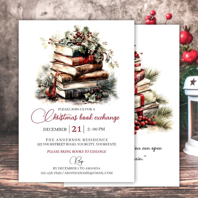 Julgåva bok-börsen party inbjudningar (Christmas gift book exchange party invitation watercolor book art for book lovers)