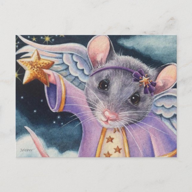 Julgel Mouse Catching Star Watercolor Art Vykort (Framsida)
