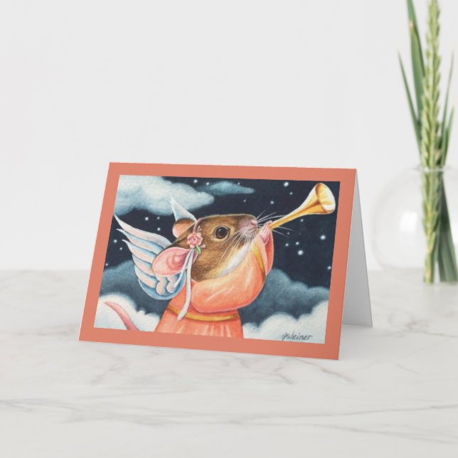 Julgel Mouse och Trumpet Watercolor Art Kort (Framsida)