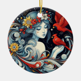 Julgel och kardinaler julgransprydnad keramik