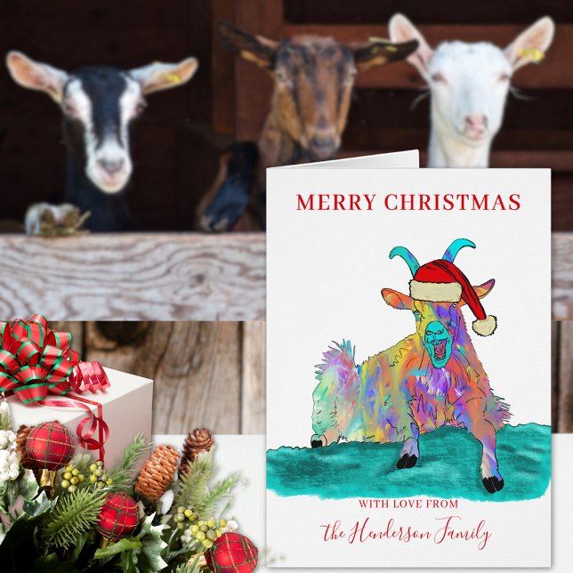 Julgetens roliga personlig i jultomten hälsningskort (Funny Christmas screaming goat wearing a santa hat custom holiday greetings folded card colorful )