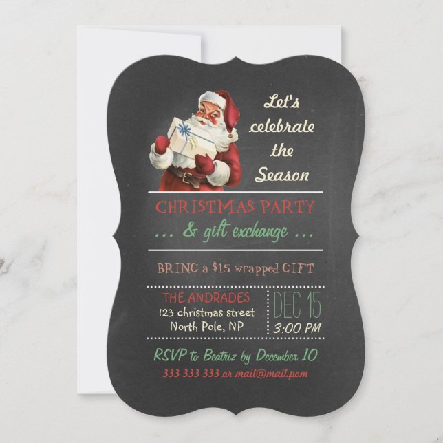 Julgift Exchange-Vintagen Santa Chalkboard Inbjudningar (Framsida)