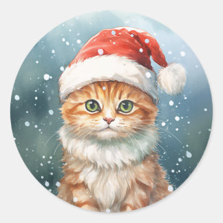 Julginger Cat i Santa Hat på vintern Runt Klistermärke