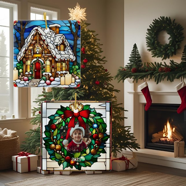 Julgingerbröd House Faux Stached Glass Julgransprydnad Keramik (Skapare uppladdad)