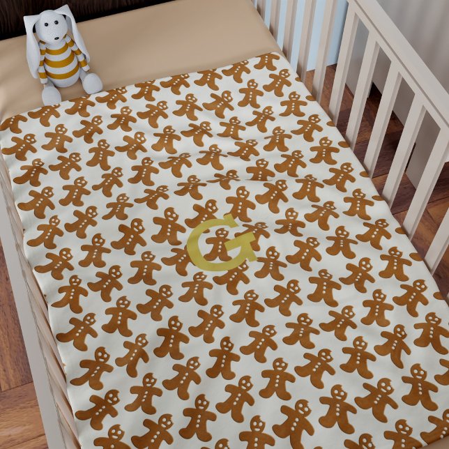 Julgingerbröd Mönster Kids Cute Helgdag Fleecefilt (A fun and festive gingerbread man pattern with space for your initial)