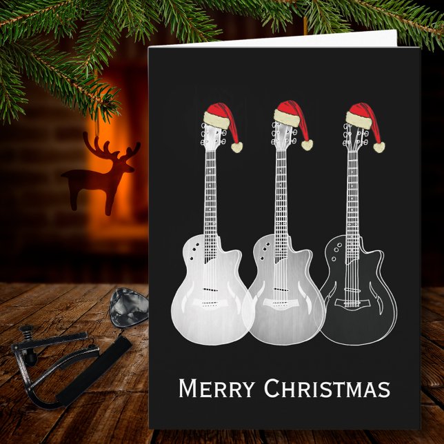 Julgitarr Enkel Svart och vit Kort (Christmas guitars wearing Santa hats cool black and white music merry christmas greetings card)