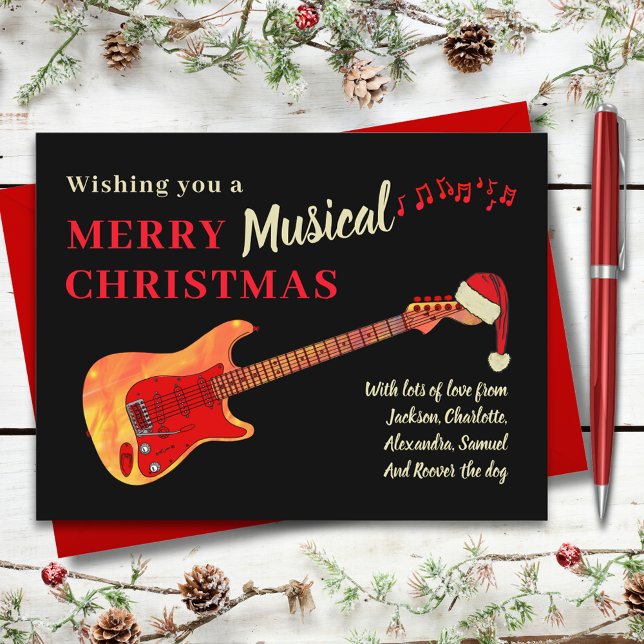 Julgitarr som bär en tomtehatt helg vykort (Rock and roll merry musical christmas holiday greetings card fire electric guitar wearing Santa hat)