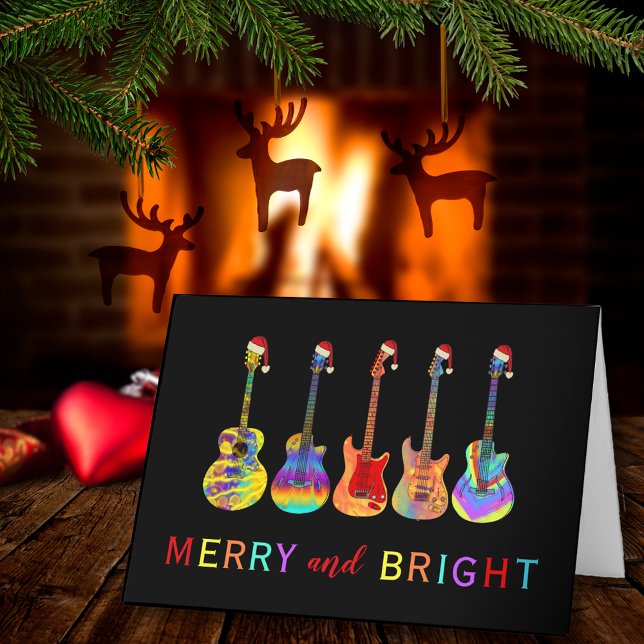 Julgitarrer Glada och Ljus Helgkort (Rock and roll Christmas guitars merry and bright custom holiday greetings card guitarist musician )