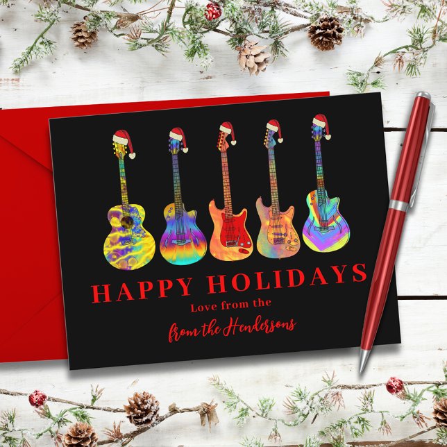 Julgitarrer Personliga Julkort (Cool guitar colorful happy holidays greetings card black and red typography )