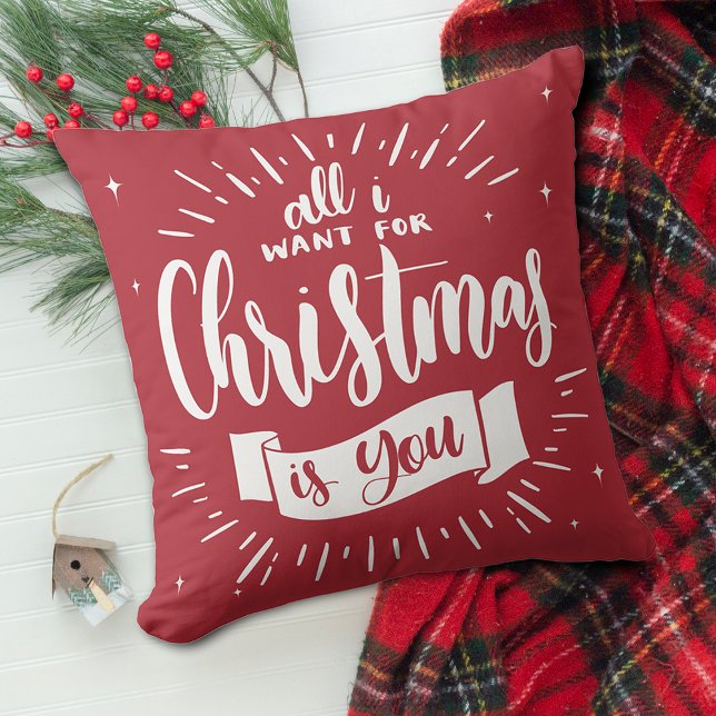 Julglad Alla julklappar jag vill ha är du röda Kudde (Festive All I Want For Christmas Is You Red Throw Pillow)