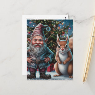Julglad Grinig Tomte och Ekorre Jul Vykort