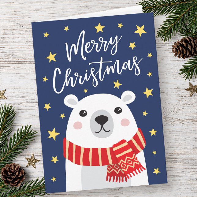 Julglad isbjörn med halsduk kort (Polar bear wearing scarf Merry Christmas Card)