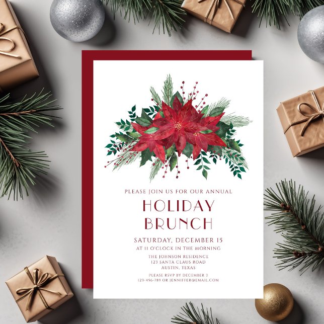 Julglad röd poinsettia julbrunch inbjudningar (Festive Red Poinsettia Christmas Brunch Invitation
)