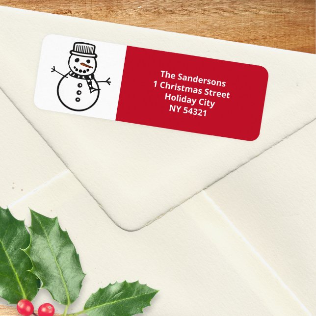 Julglad röd tomte returadress etikett (A Christmas return address label with jolly snowman picture and red panel for your address)