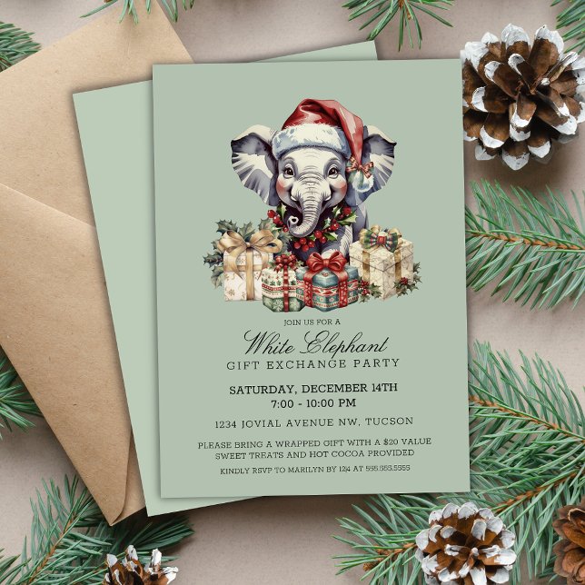 Julglad Vit Elefantpresentutbytesfest Inbjudningar (Cute Sage Green festive Christmas White Elephant Gift Exchange Party Invitations printable digital)