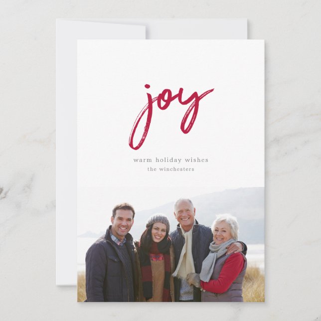 Julglädje i rött firande fotokort julkort (Framsida)