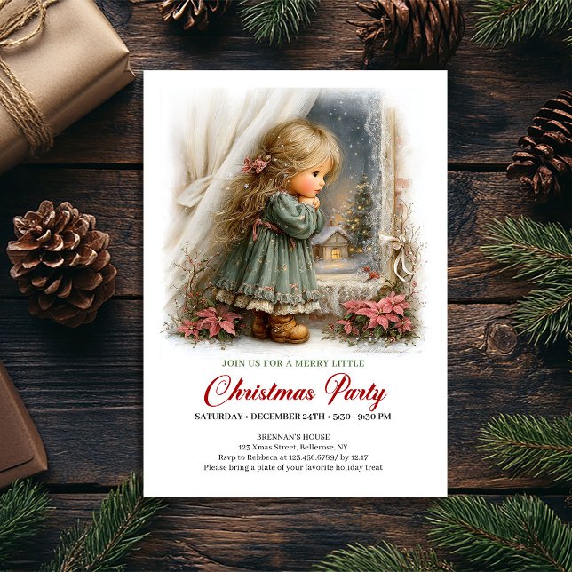 Julglädje Inbjudan Söt Flickas Julscen (Christmas Joy Invitation Cute Girl Christmas Scene)