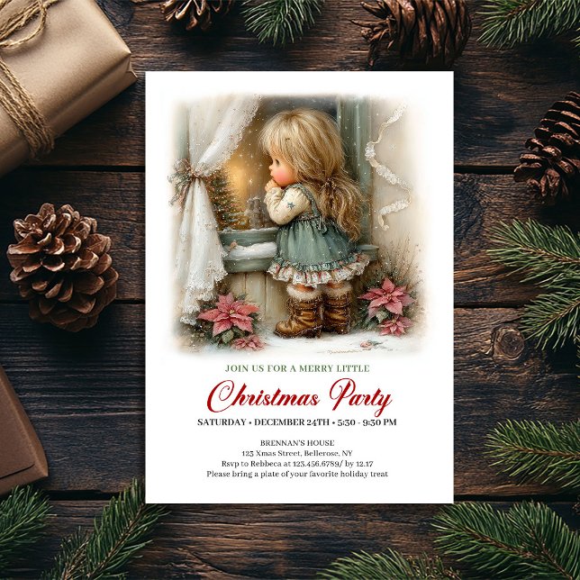 Julglädje Inbjudan Söt Flickas Vinterscen  (Holiday Cheer Invitation Cute Girl Winter Scene Art)