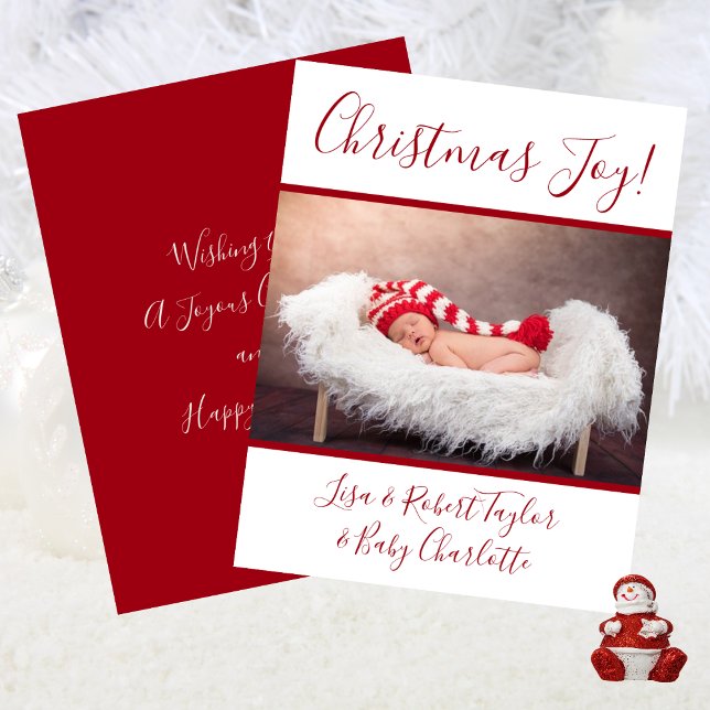Julglädje med namn röd bebisfoto julkort (Baby Photo Christmas Joy With Names Red Holiday Card)