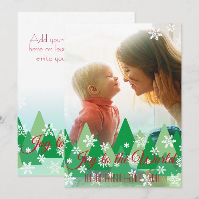 Julglädje till världen Foto Träd Snöflingor Julkort (Fram/baksida)