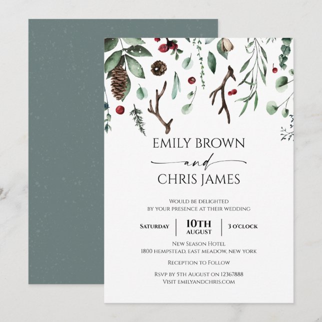 Julglädjen | Elegant Watercolor Winter Wedding Inbjudningar (Fram/baksida)