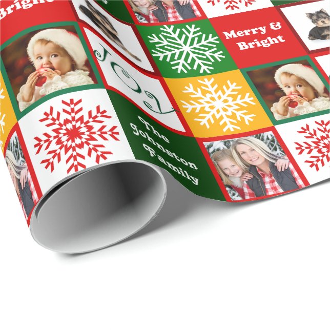Julglädjesnöflingor tillfogar familjfoto presentpapper (Rullad Hörn)
