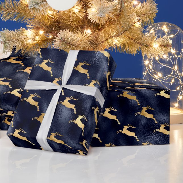 Julglans Hjort Mönster Marinblå Guld Folie Presentpapper (Helgdagar)
