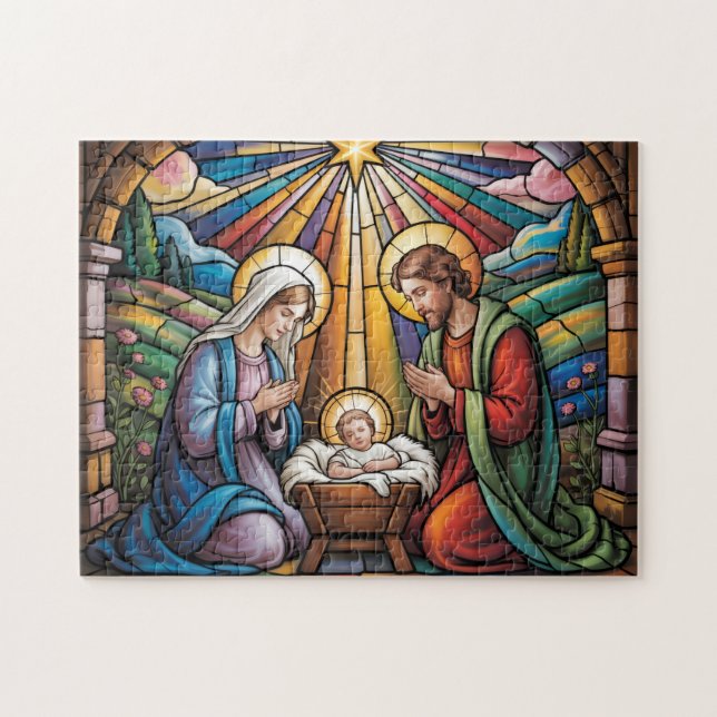 Julglasfönstkonst – Heliga Familjen jul Pussel (Horisontell)