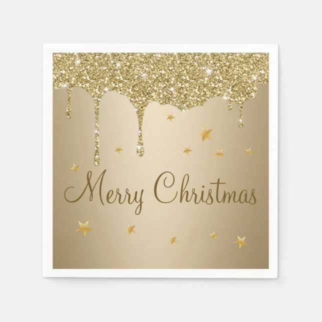 Julglitter som droppar guld och stjärnor pappersservett (Framsidan)