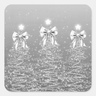 Julglittrande träd Silverfalska slingor Fyrkantigt Klistermärke