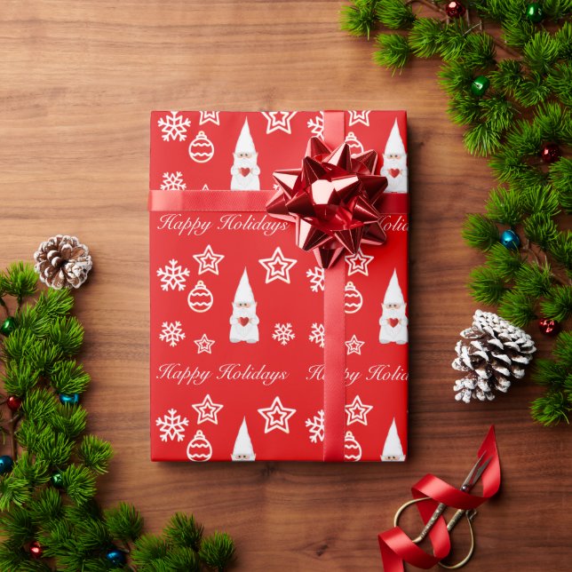 Julgnom, snöflingor & stjärnor på röd bakgrund presentpapper (Julgåva)