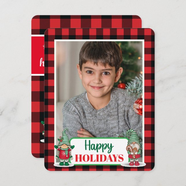 Julgnomar rutig (lägg till ditt foto) högtid ca julkort (Fram/baksida)