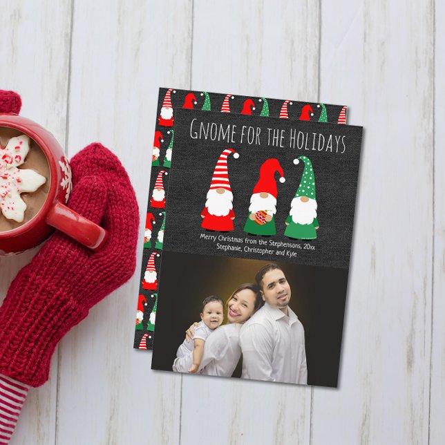 Julgnomes Cute Whimsical Helgdag Photo Julkort (gnome for the holidays cute christmas photo card)