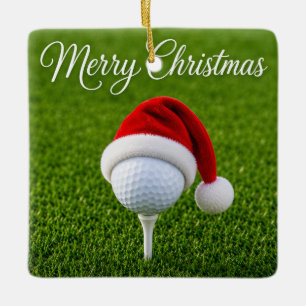 JulGolfboll med Santa-hatt på tee på grön Julgransprydnad Keramik