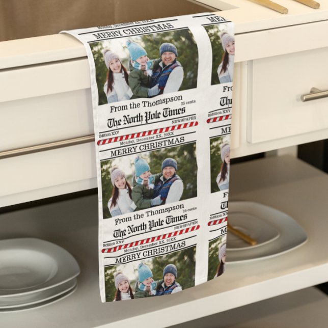 Julgrå foto Vitimistisk tidskrift Mönster Kökshandduk (Newspaper print custom photo Christmas kitchen towel)