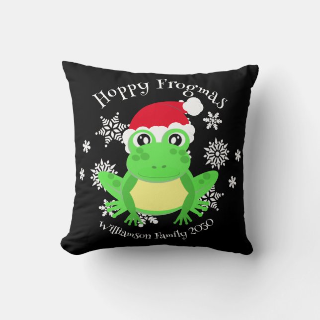 Julgrå Frog Santa Hat Novelty Black Kudde (Framsida)