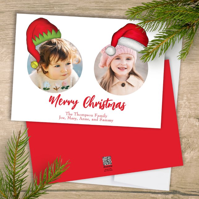 Julgrå Santa Elf Funny Whimsical 2 Photo Julkort (Merry Christmas cute whimsical multi-photo greeting card with a three-photo template. )