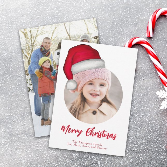 Julgrå Santa Elf Funny Whimsical 2 Photo Julkort (Merry Christmas Whimsical red and white santa hat photo card)