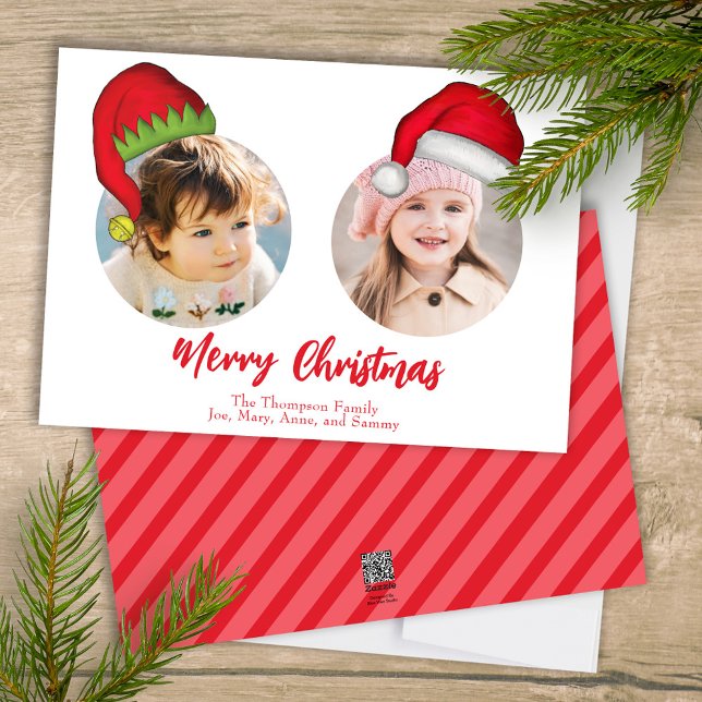 Julgrå Santa Elf Funny Whimsical 2 Photo Julkort (Merry Christmas cute whimsical multi-photo greeting card with a three-photo template. )